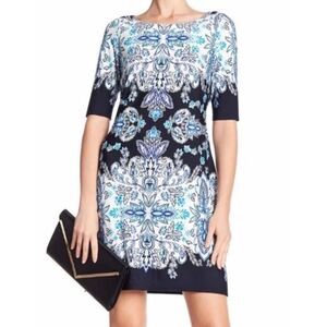 Eliza J Paisley Dress Size 2 Navy White Porcelain Shift Boat Neck 2/4 Sleeve